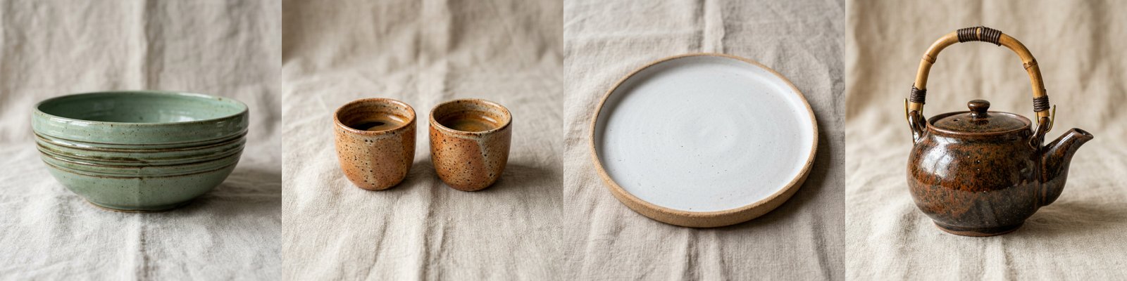 Four product photos generated by the workflow, one per piece in stock: a celadon green serving bowl with carved rings, two rust-speckled espresso cups, a matte white dinner plate with a raw edge, a tenmoku brown teapot with a bamboo handle — each on natural linen in soft daylight