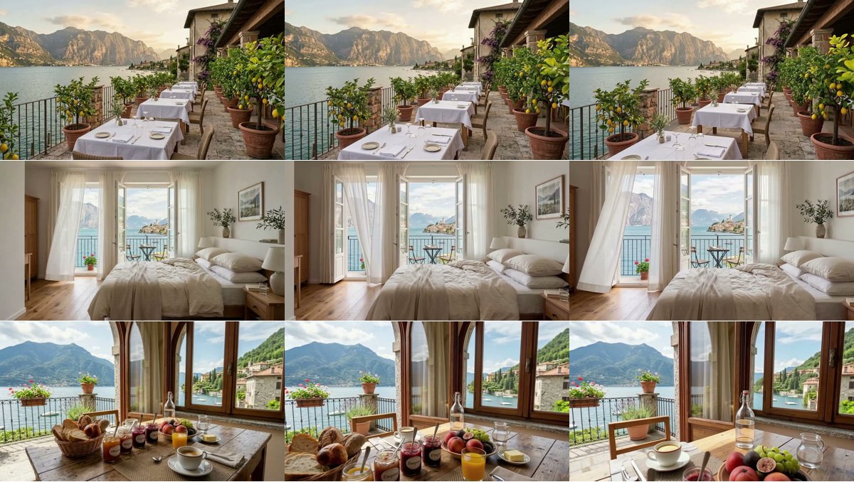 Frames from the three clips the workflow made — the breakfast terrace, the lake-view room and the breakfast table — each at the start, the middle and the end of its four seconds: a slow camera push-in, curtains stirring, light moving on the lake