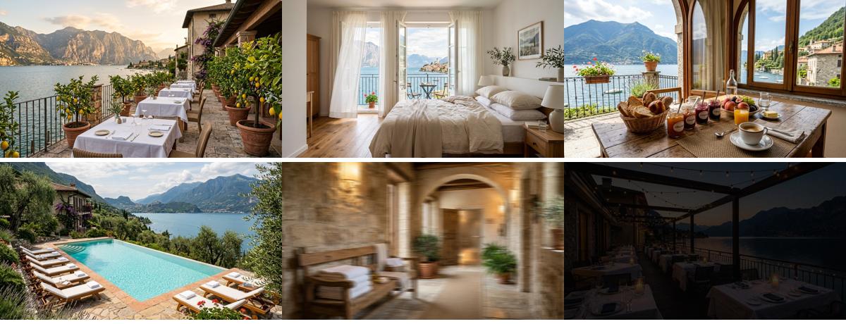 The shoot: six hotel photos — the terrace, the room and the breakfast table sharp and bright; the pool that looks fine but is only 640 pixels wide; the spa corridor with heavy motion blur; the restaurant veranda almost black