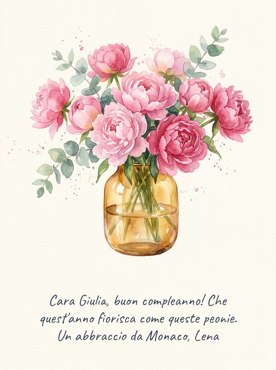 A greeting card in watercolour: pink peonies and sprigs of eucalyptus in an amber glass vase on cream cotton paper, and below, in blue handwriting, “Cara Giulia, buon compleanno! Che quest’anno fiorisca come queste peonie. Un abbraccio da Monaco, Lena”