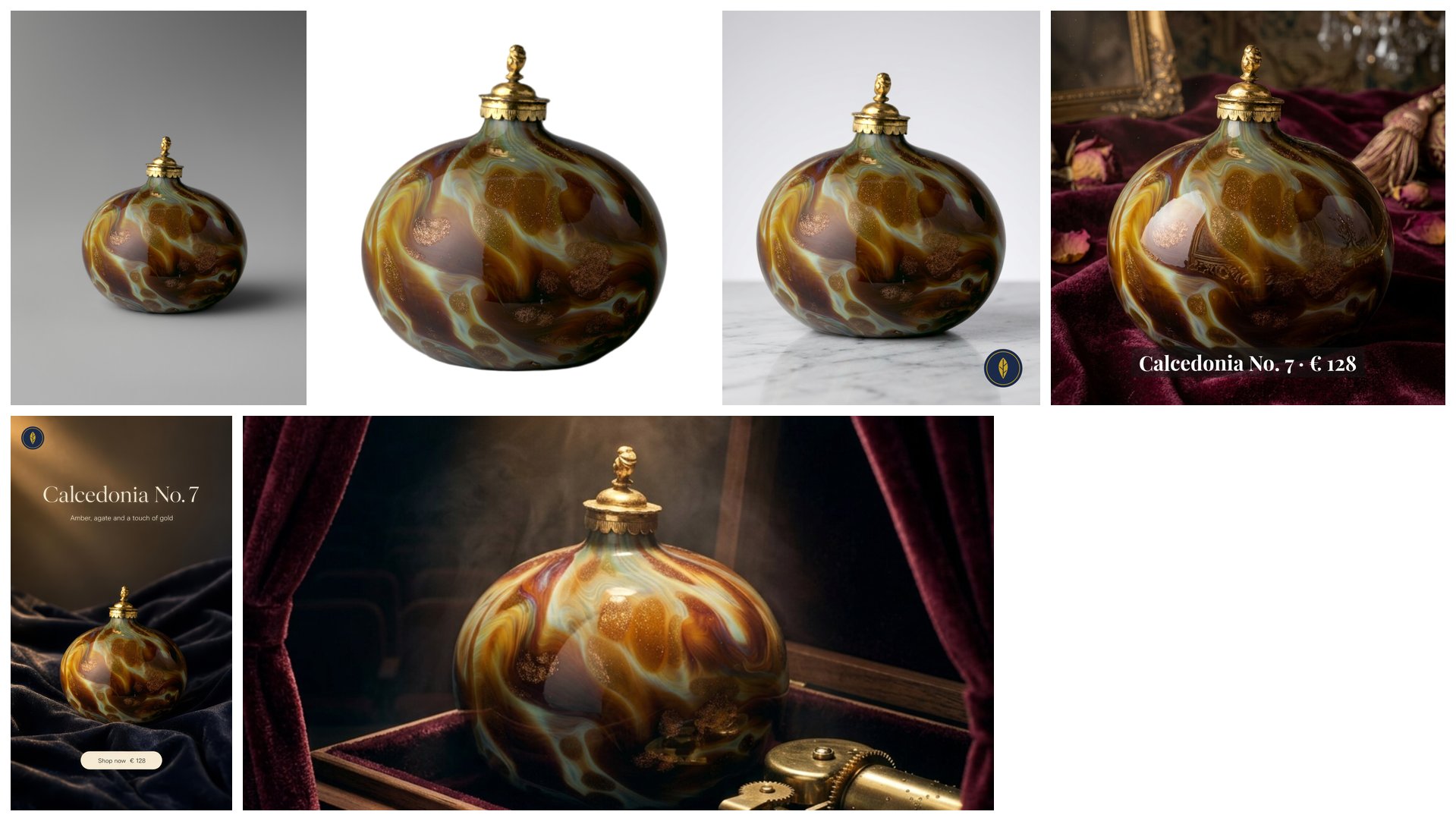 Top row: the bottle photo on grey; the marketplace image, the bottle large on pure white; the studio hero shot on white marble with the round mark in the corner; the Instagram post, the bottle on burgundy velvet before a gilded mirror, with “Calcedonia No. 7 · € 128” on a dark band. Bottom row: the Instagram story, the bottle on navy velvet in golden light, the headline “Calcedonia No. 7”, the line “Amber, agate and a touch of gold” and a “Shop now € 128” button, the mark top left; the Facebook banner, the bottle inside an open music box between velvet curtains.