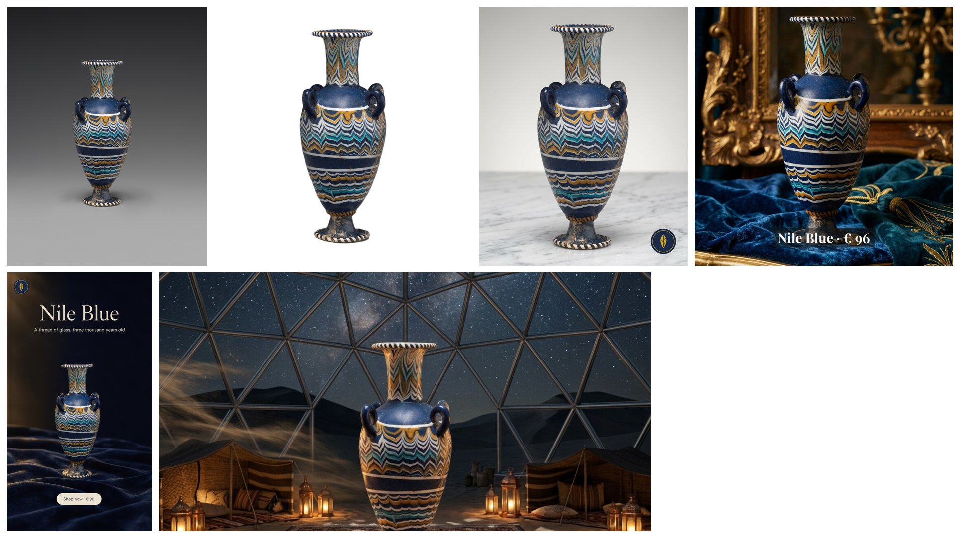 The second kit. Top row: the amphora photo; the marketplace image on pure white; the studio hero shot on marble, signed; the Instagram post with “Nile Blue · € 96”. Bottom row: the story, the amphora on navy velvet with the headline “Nile Blue”, the line and a “Shop now € 96” button; the Facebook banner, the amphora under a glass dome in a desert night with lanterns and tents.