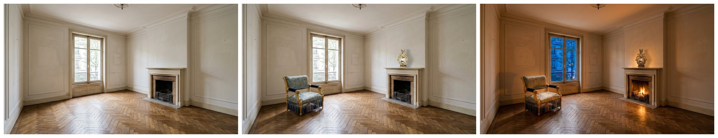 Three pictures of the same room: the agent’s photo, empty, with the window and the fireplace; the same photo with a gilded armchair upholstered in floral silk by the window and a painted vase on the mantelpiece; the same furnished room at dusk, the window deep blue, the fire burning and the walls warm.