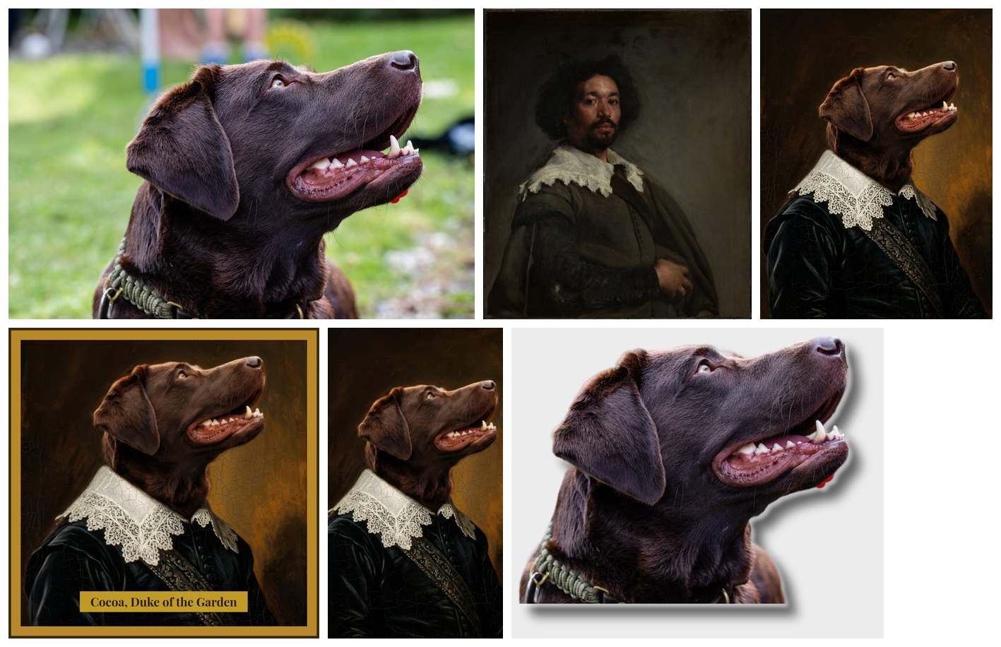 Top: the photo of the chocolate Labrador in a garden, looking up with its mouth open; the Velázquez portrait of a man in a white lace collar on a dark ground; the portrait the workflow painted — the same dog, the same upward look and grin, in a lace collar and dark velvet doublet with an embroidered sash, on a dark warm ground with craquelure. Bottom: the square post with “Cocoa, Duke of the Garden” on a gold plaque, inside a gilded frame; the 9 wallpaper; the sticker, the real dog cut out with a soft white edge and a shadow.