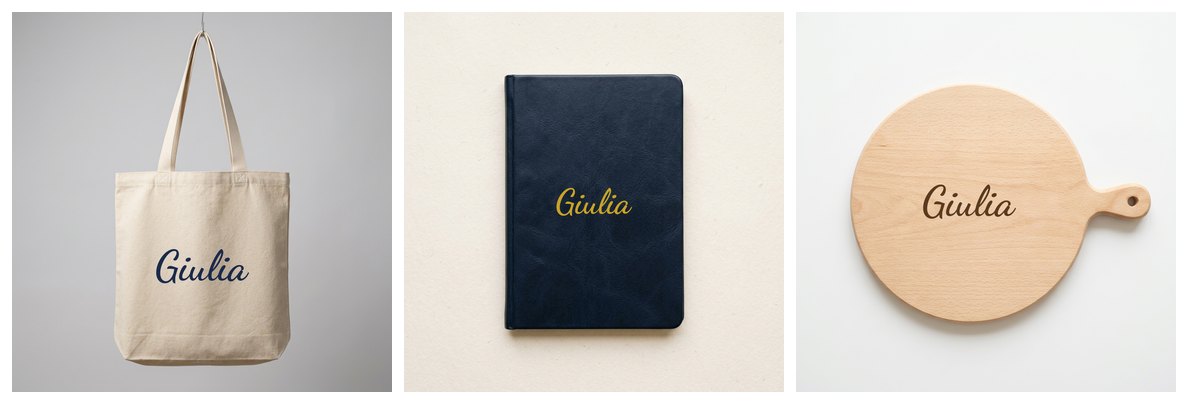 The three blank products with the name set: “Giulia” in navy script on the cream tote bag, in gold script on the navy notebook, in brown script on the beech board.