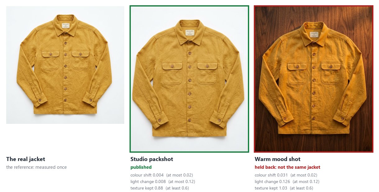 The real jacket, ochre linen on a light backdrop; the studio packshot, the same jacket on white, published — colour shift 0.004, light change 0.008, texture kept 0.88; the warm mood shot on walnut wood, the jacket visibly more orange and more saturated, held back as not the same jacket — colour shift 0.031, light change 0.126, texture kept 1.03.
