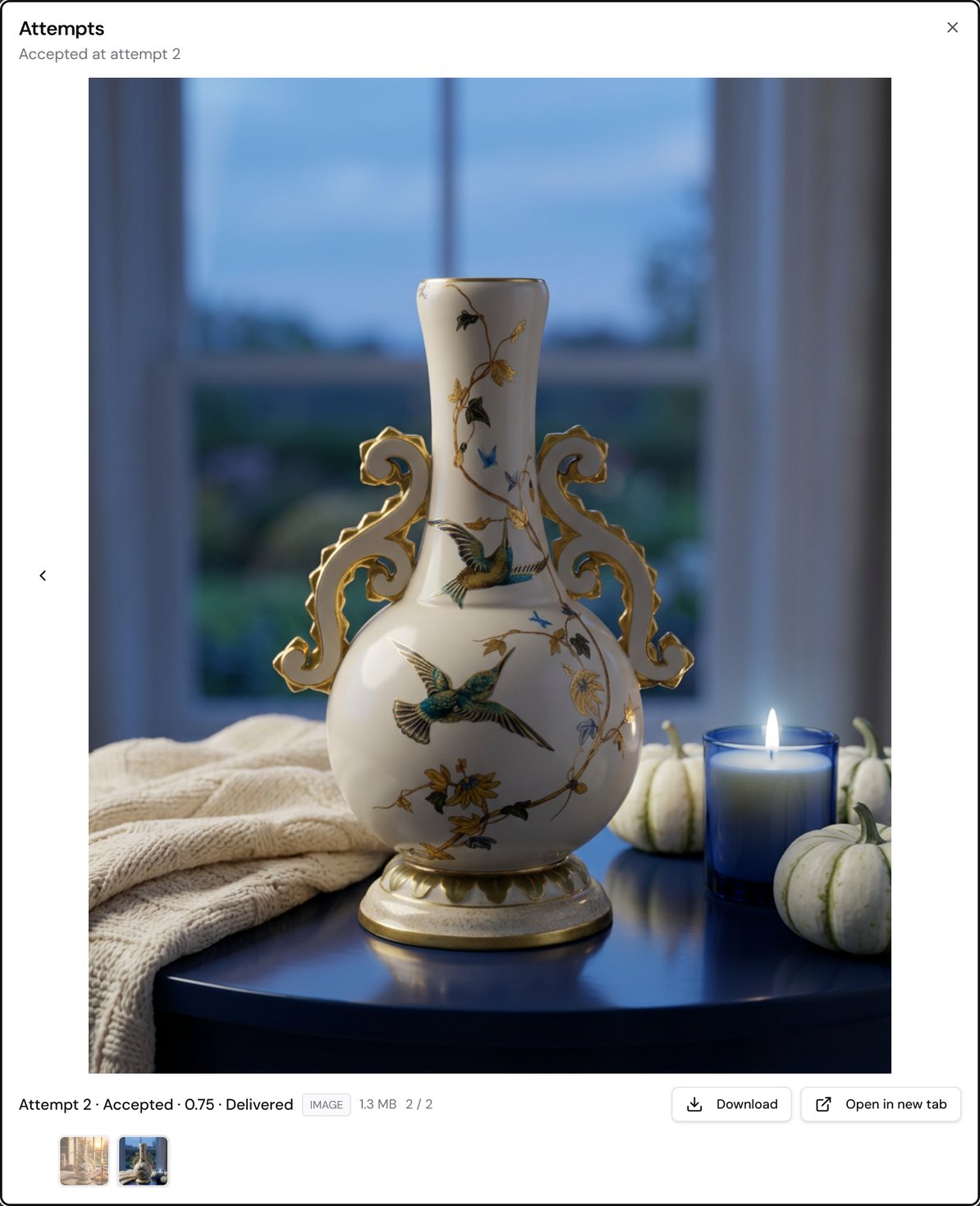 Compare, full screen: the delivered attempt of the same product, the vase on a dark blue table by a window at dusk, a blue candle and white pumpkins beside it; under it “Attempt 2 · Accepted · 0.75 · Delivered”, Download and Open in new tab, and the thumbnails of both attempts to go from one to the other.