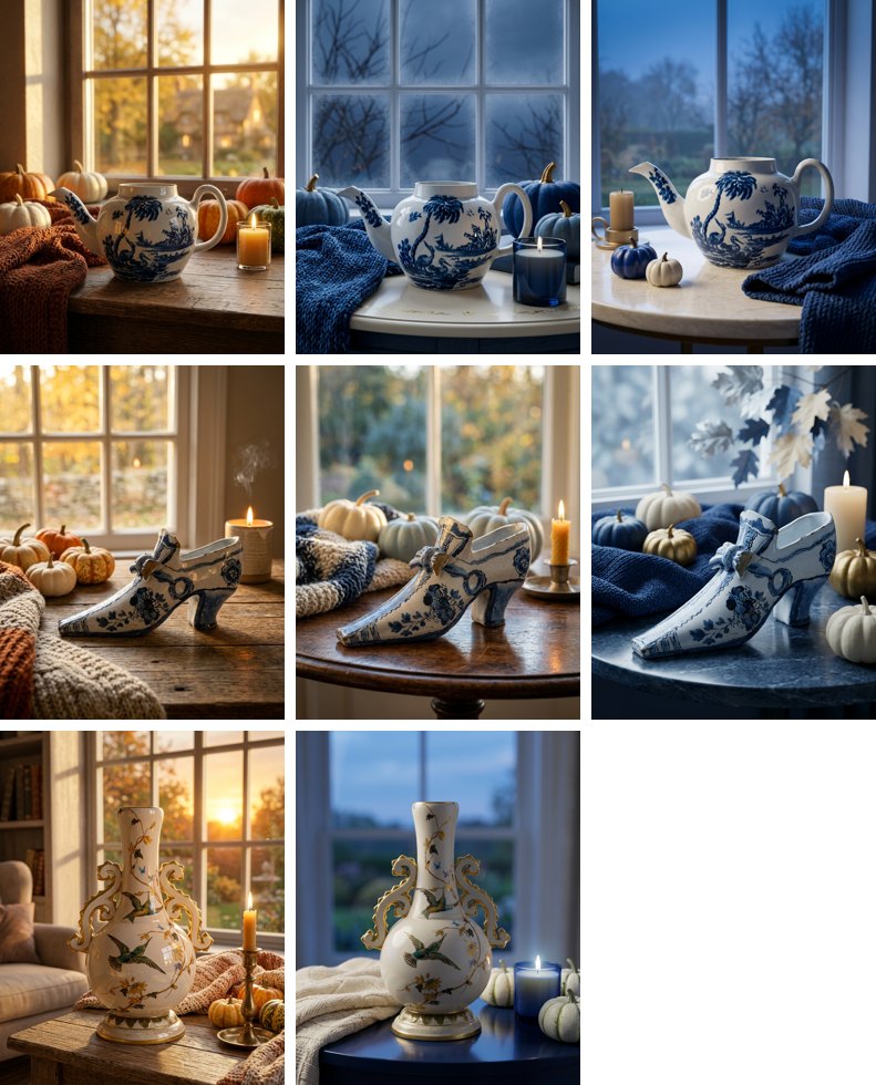 One row per product, one column per attempt. The teapot: attempt 1 on a wooden table among orange pumpkins and a rust blanket at golden hour; attempts 2 and 3 on a white or stone table before a blue evening window, with navy knitwear, blue and cream pumpkins and a navy candle. The shoe: attempt 1 among orange pumpkins on a wooden table; attempt 2 with grey-green pumpkins and a mixed blanket; attempt 3 on a dark navy table with navy knitwear and cream pumpkins. The vase: attempt 1 on a wooden table in warm sunset light; attempt 2 on a navy table before a blue window, with cream pumpkins and a blue candle.