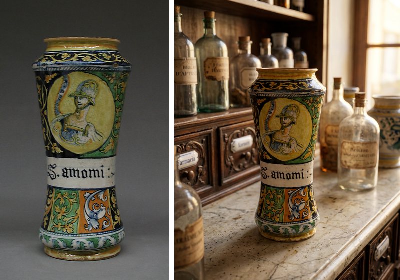 Left, the museum photo: the albarello on a grey background, a yellow medallion with a helmeted figure, the white band “S. amomi”, green and orange ornaments. Right, the generated picture: the same jar on a veined marble counter of an old pharmacy, glass bottles with labels on the shelves behind and a second, blue and white jar on the right; the medallion, the band with “S. amomi” and the ornaments as in the photo.