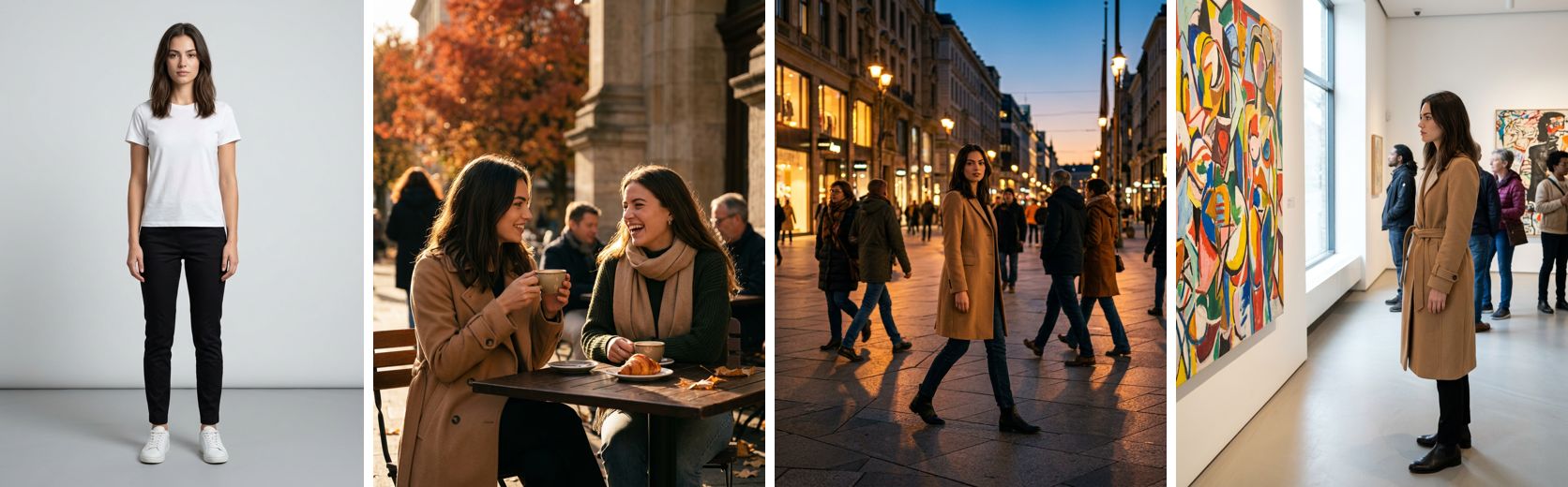 Left, the model’s portrait: a young woman with long dark hair in a white T-shirt and black trousers, full figure on grey. Then the three campaign pictures, all of the same woman in a camel wool coat: at a café terrace in low autumn sun, laughing with a friend who also has long dark hair; walking across a city square at dusk among passers-by, the street lights on; standing in an art gallery before a large abstract painting, other visitors behind.