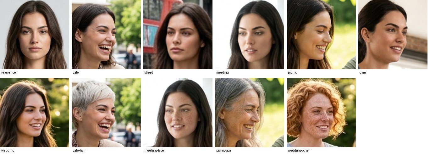 Eleven faces in two rows, each labelled. The reference, then six faces from the campaign-style scenes — café, street, meeting, picnic, gym, wedding — all the same woman with long dark hair, laughing, smiling or in profile. Then four changed faces: the café face with short platinum-blonde hair, the meeting face with freckles, the picnic face thirty years older with grey hair and wrinkles, the wedding face of another woman with short red curly hair and freckles.