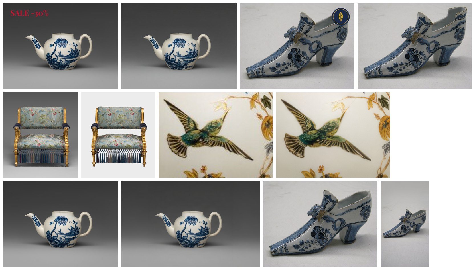 Twelve pictures in three rows. The teapot with a red “SALE -30%” and without it; the shoe with a round brand sticker in the corner and without it, the background continued. The armchair photo and its cut-out; a small painted bird and the same bird four times larger, sharper. The teapot photo and the same photo wider, the grey backdrop extended; the shoe photo and the shoe in a tall 9 frame, still seen from the side, with more floor and wall above and below.