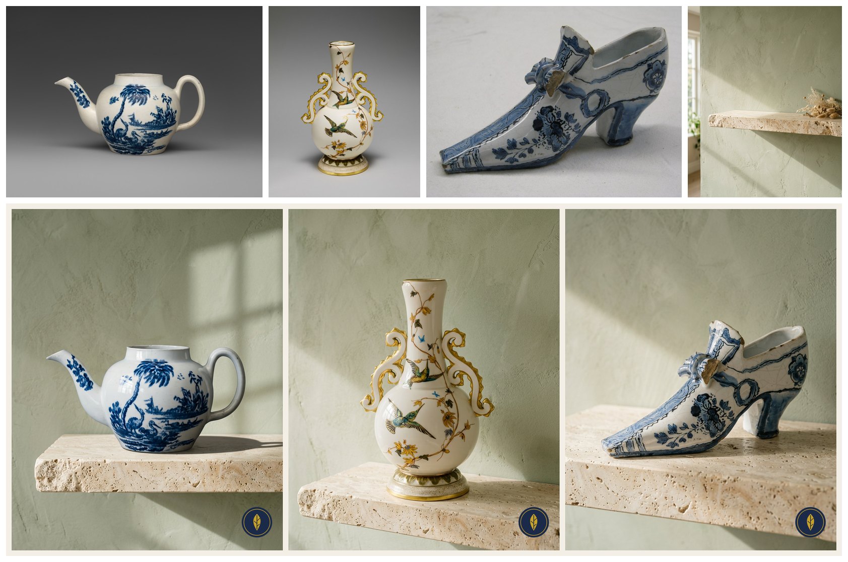 Top: the three museum photos — a blue and white teapot, a vase with painted birds and gilded handles, a Delft shoe, each on a grey studio background — and the house scene, an empty travertine shelf against a sage wall with window light. Bottom: the three products on that same shelf, in that same light, each with the round brand mark in the corner, side by side like one shoot.