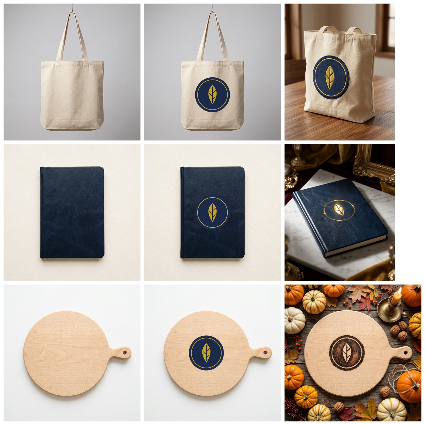 Three rows: blank product, product with the mark, rendered picture. The tote bag on grey; with the round navy and gold mark on its front; photographed on a wooden table by a window, the mark now a thick embroidered patch with raised thread. The navy notebook; with the mark on the cover; on white marble in a rich setting, the ring and the leaf stamped in shining gold foil, the navy disc gone into the navy leather. The beech board; with the mark; on a table of autumn leaves and pumpkins, the mark burnt dark brown into the wood grain.