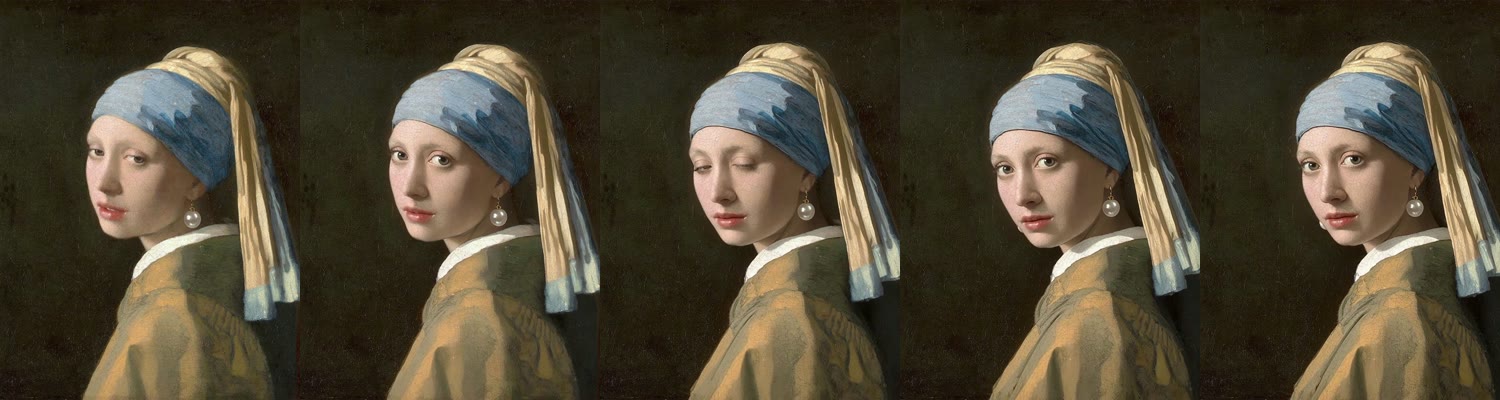Five frames of the clip, one per second: the girl in the painting looks over her shoulder, closes her eyes for a moment, then turns her face towards the viewer; the turban, the pearl and the dark background keep the painting’s colours.