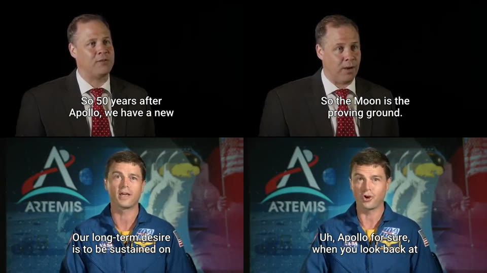Four moments of the highlight with the captions burned in: the Administrator, “So 50 years after Apollo, we have a new”; the Administrator, “So the Moon is the proving ground.”; Reid Wiseman, “Our long-term desire is to be sustained on”; Reid Wiseman, “Uh, Apollo for sure, when you look back at”