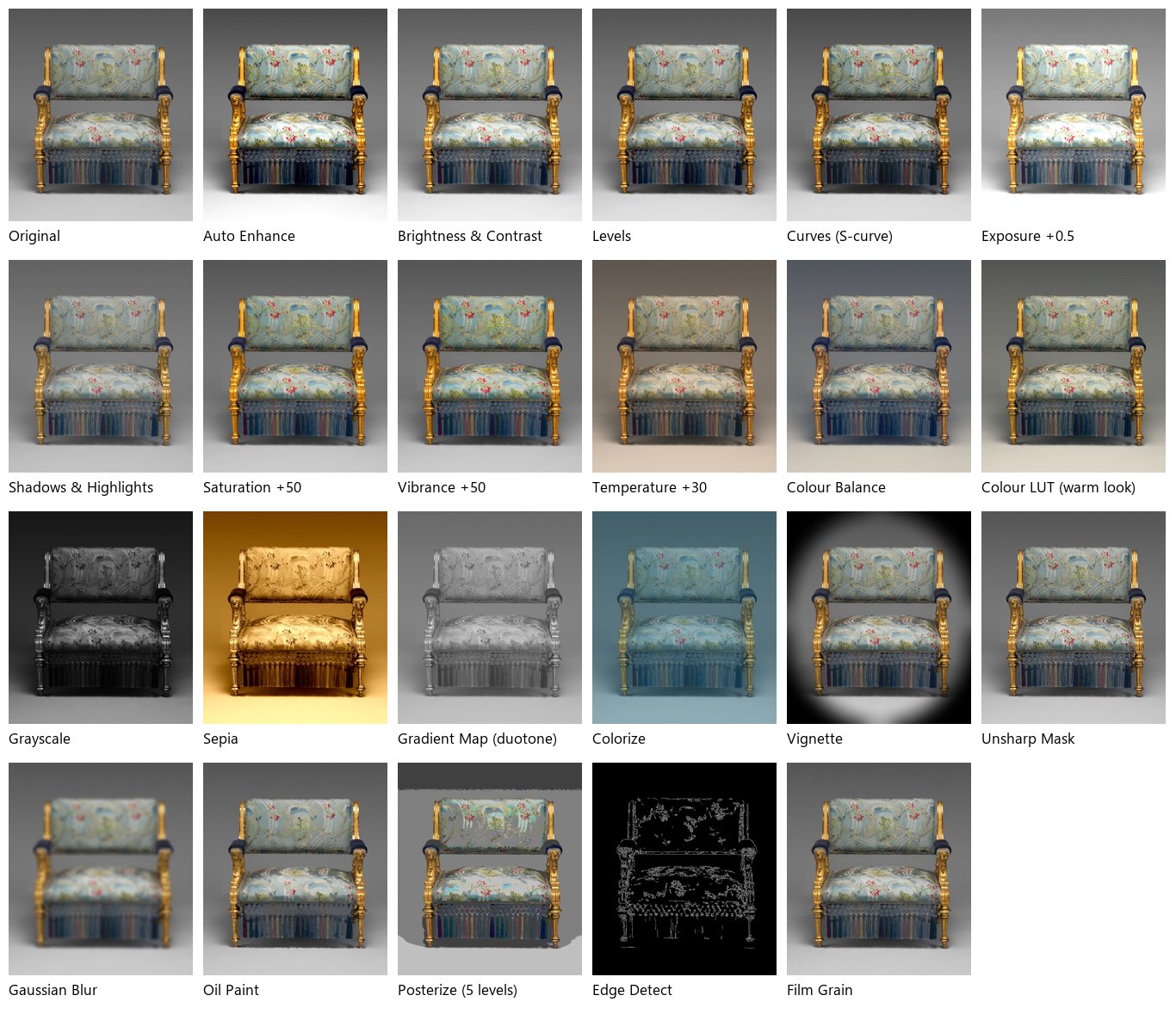 Twenty-three pictures of the same armchair: the original; Auto Enhance, brighter background; Brightness & Contrast; Levels; an S-curve; Exposure +0.5, brighter; Shadows & Highlights, a lighter chair with its highlights kept; Saturation +50 and Vibrance +50, the silk more colourful; Temperature +30, a warmer background; Colour Balance, bluer shadows and warmer lights; the warm look from the LUT; Grayscale; Sepia; a navy-and-cream duotone; Colorize in teal; a soft Vignette into black; Unsharp Mask; Gaussian Blur; Oil Paint; Posterize with five levels; Edge Detect, white outlines on black; Film Grain.