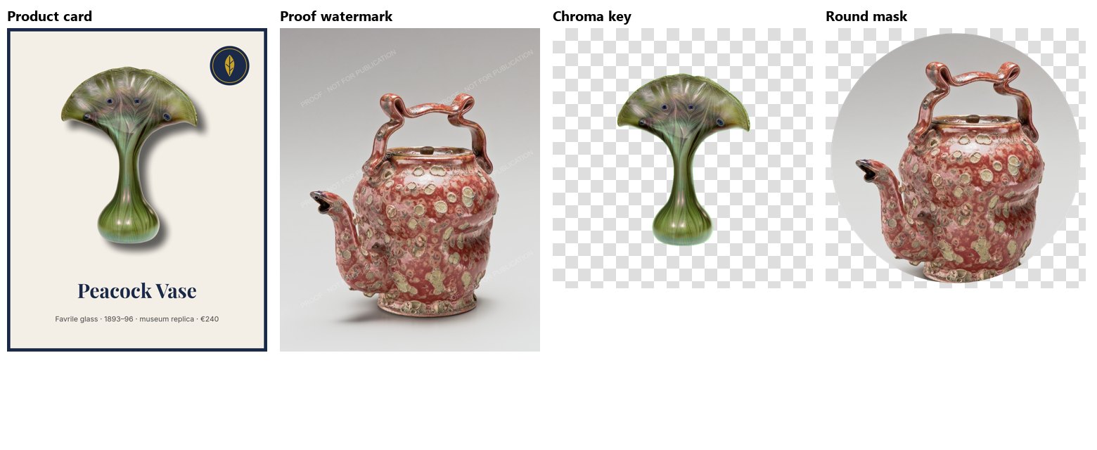Four results: the product card, cream with the vase and its shadow, the round navy-and-gold mark top right, “Peacock Vase” and a line of details below, a navy frame; the teapot photo with a faint diagonal proof watermark; the vase keyed out of its green screen, on a checkerboard; the teapot cropped in a circle, on a checkerboard.