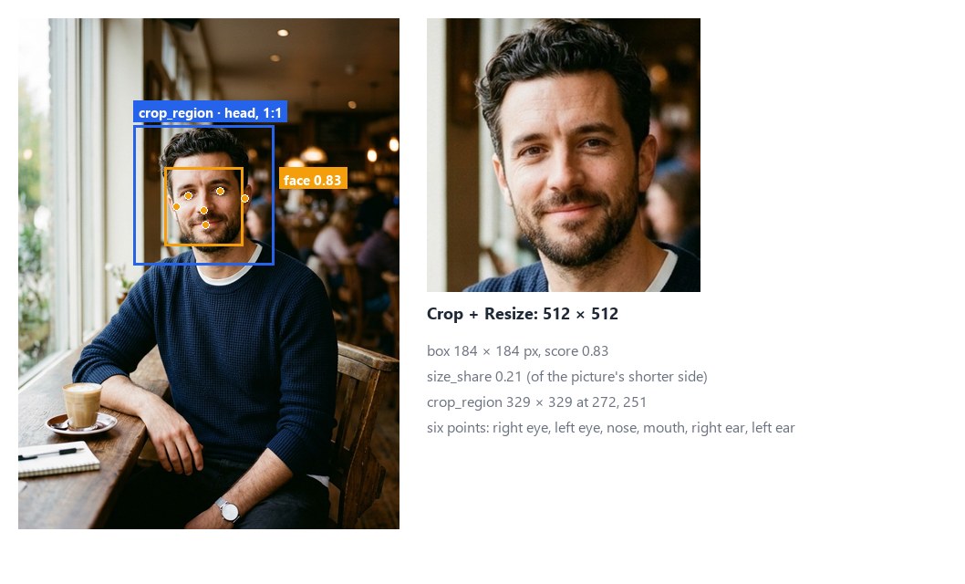 A portrait in a café, 896 × 1200. The face box, 184 × 184 pixels at score 0.83, with its six points; around it the crop region for the head in 1, 329 × 329 at 272, 251. Beside it the head shot that Crop and Resize made from it, 512 × 512.