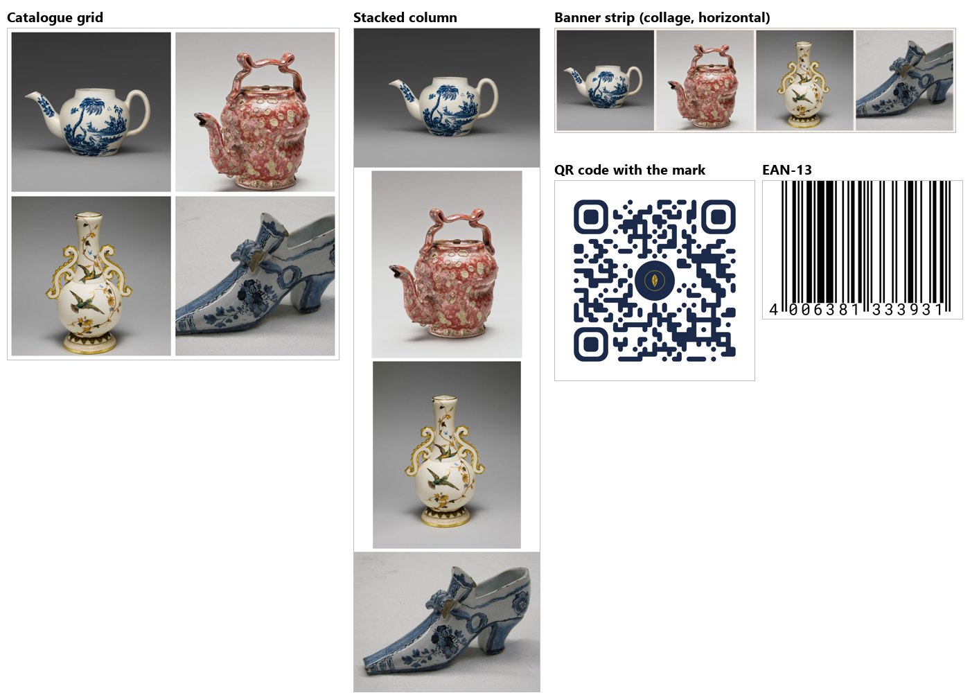 The four photos in a 2 × 2 grid, the Delft shoe cropped at the toe; the same four in a stacked column, each at its own size; the banner strip with the four in a row on cream; the navy QR code with rounded modules and the round brand mark in the centre; the EAN-13 barcode with 4 006381 333931 under the bars.