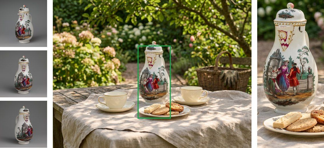 Left, three museum photos of an eighteenth-century porcelain coffee pot, front, side and three-quarters, on grey. Centre, a generated garden tea table: the coffee pot between two cups and a plate of biscuits, flowering hedges behind; a green box marks the coffee pot. Right, the crop: the coffee pot alone with its knob, its painted couple and its gilded rim, a little of the table and the biscuits below.
