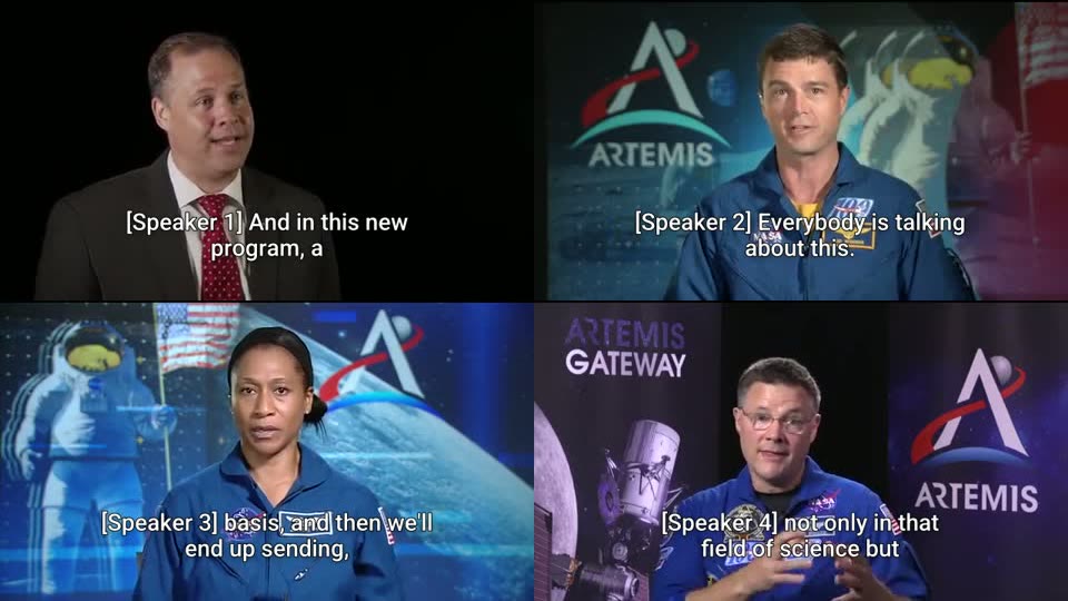 Four moments of the captioned briefing: Jim Bridenstine with “Speaker 1: And in this new program, a”; Reid Wiseman with “Speaker 2: Everybody is talking about this.”; Jeanette Epps with “Speaker 3: basis, and then we’ll end up sending,”; Doug Wheelock with “Speaker 4: not only in that field of science but”
