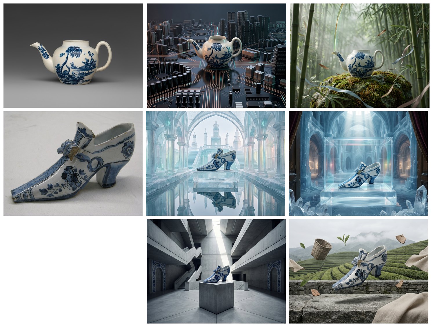 The lab run twice on the same photos. Teapot row: the photo; first run, the teapot standing like a tower among the skyscrapers of a city built on a circuit board; second run, the teapot on a mossy stone in a misty bamboo grove with a pale ribbon rising from it. Shoe rows: the photo; first run, the shoe on an ice pedestal in a frozen palace mirrored in still water, and the shoe in a glass vitrine of a crystal museum; second run, the shoe on a concrete plinth in a vast brutalist atrium with blue and white panels, and the shoe floating above a stone wall before green tea terraces.