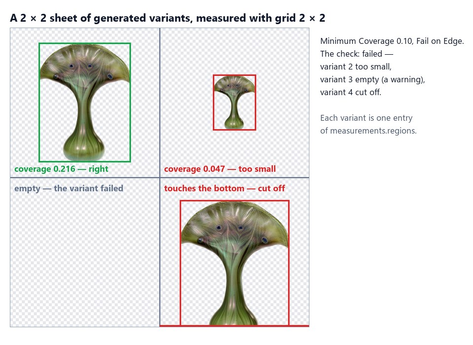 The variant sheet with what the node found in each cell: variant 1, coverage 0.216, right, in a green box; variant 2, coverage 0.047, too small, in a red box; variant 3, empty, the variant failed; variant 4, touches the bottom, cut off, in a red box with the bottom edge marked.