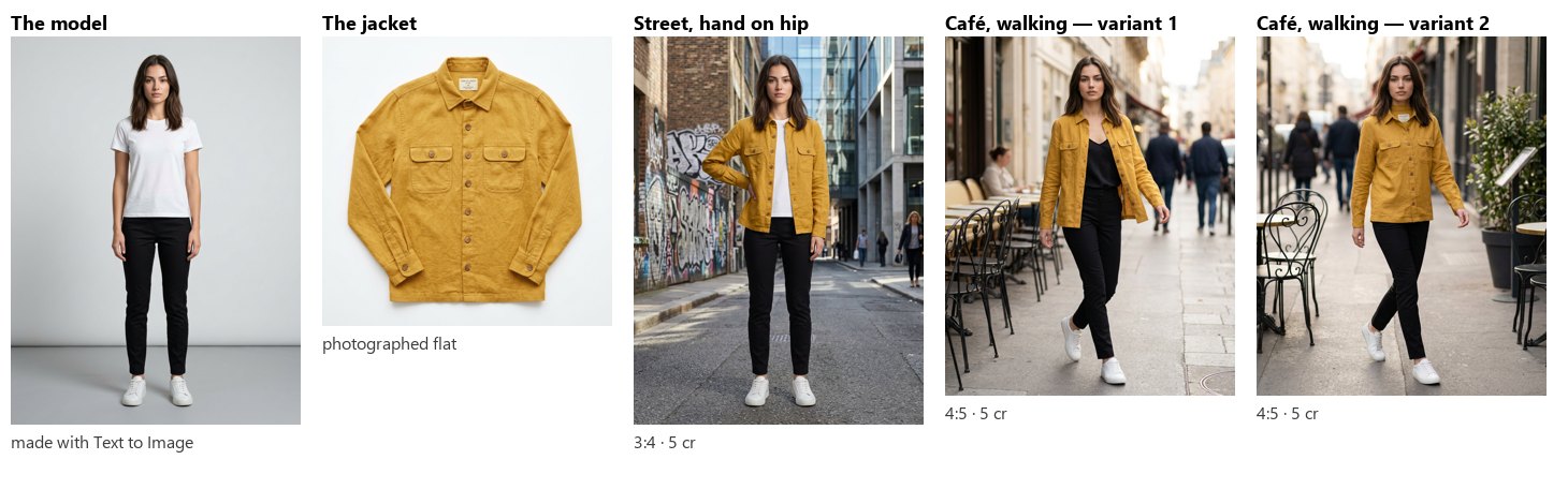 Five pictures: the model in a white T-shirt and black trousers on a grey studio background; the ochre jacket laid flat; the model wearing the jacket open on a city street with graffiti, one hand on the hip; and two variants in a Paris café street, walking — in the first the T-shirt under the jacket has become black, in the second the jacket is buttoned.