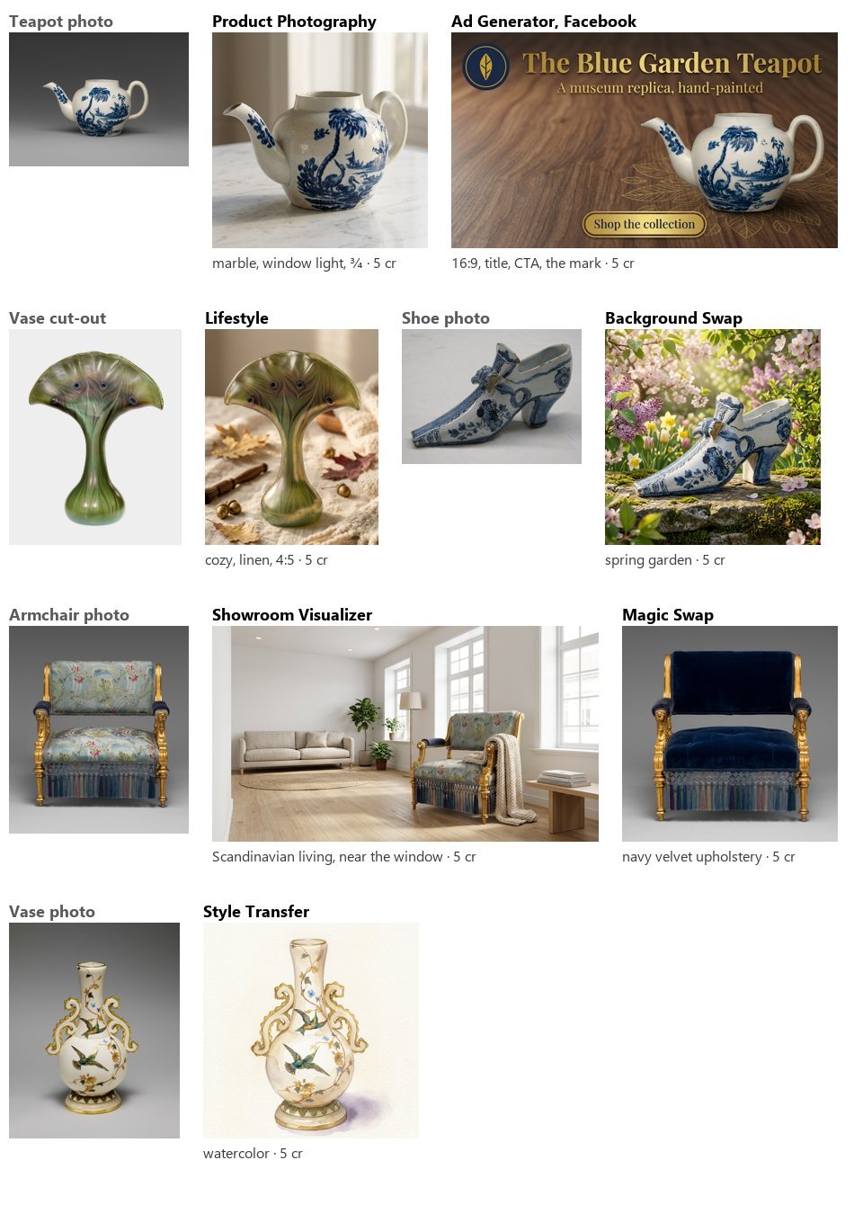 Results next to their sources. The teapot: a packshot on white marble by a window, and a Facebook ad in 16 on dark wood with the title “The Blue Garden Teapot”, a subtitle, a “Shop the collection” button and the round brand mark top left. The vase cut-out: a cosy scene on linen with autumn leaves, 4. The Delft shoe: in a spring garden among blossoms. The armchair: placed in a bright Scandinavian living room by the window, and remade in navy velvet with its gilded frame and fringe kept. The vase with birds: as a watercolour.