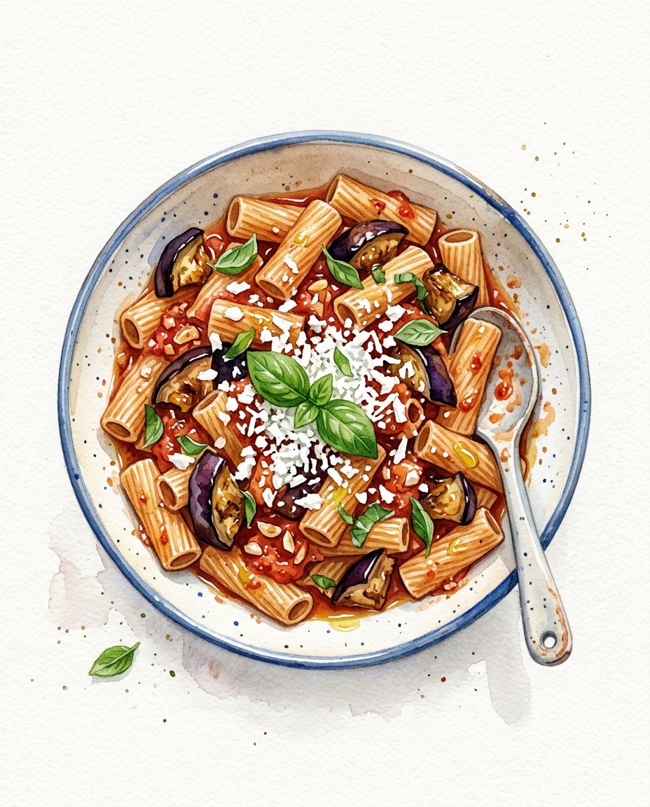 Pasta alla Norma in watercolour, seen from straight above in a blue-rimmed bowl on a white background: aubergine in slices, grated ricotta and basil in the middle, a spoon on the side.