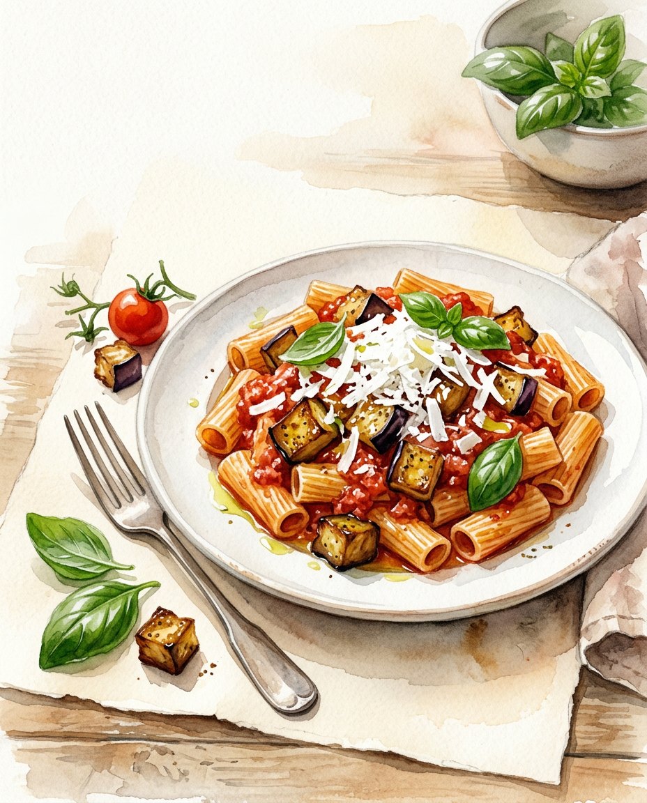 Pasta alla Norma in watercolour on warm paper, seen from slightly above on a white plate: golden aubergine cubes and shaved ricotta on top, whole basil leaves; a tomato, aubergine cubes and basil beside the plate, a fork, light from the left.