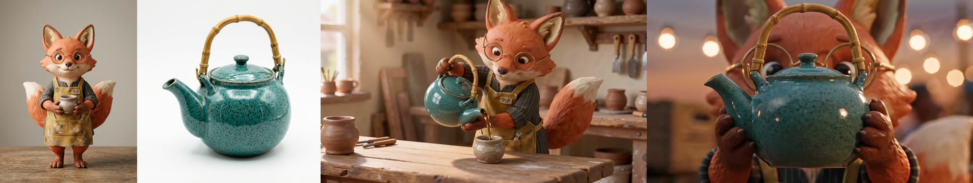 Left to right: the mascot reference, a claymation red fox with round glasses and a mustard apron marked PIP; the teapot reference, speckled teal glaze and a bamboo handle; a frame of shot 1, Pip pouring tea from the same teapot at a wooden workbench in a pottery studio; a frame of shot 2, Pip holding the teapot up to the camera in front of string lights at dusk.