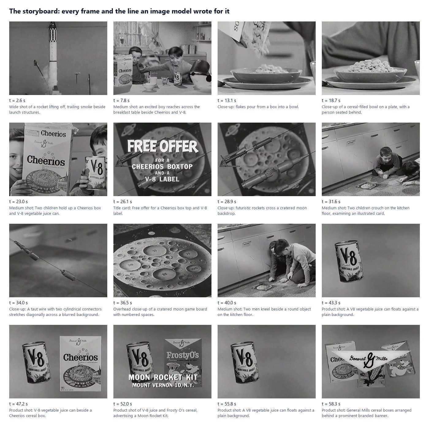 The storyboard: sixteen frames with their times and lines — a wide shot of a rocket lifting off (2.6 s), a boy reaching across the breakfast table (7.8 s), flakes poured into a bowl (13.1 s), the bowl (18.7 s), two children holding up the box and the can (23.0 s), the title card Free offer for a Cheerios boxtop and a V-8 label (26.1 s), rockets over a cratered moon (28.9 s), children on the kitchen floor with the card (31.6 s), a wire with two connectors (34.0 s), the moon game board (36.5 s), children kneeling on the floor, described by the model as two men (40.0 s), the V-8 can (43.3 s), the can and the Cheerios box (47.2 s), the can and Frosty O’s with the Moon Rocket Kit address (52.0 s), the can (55.8 s), the General Mills boxes and banner (58.3 s).