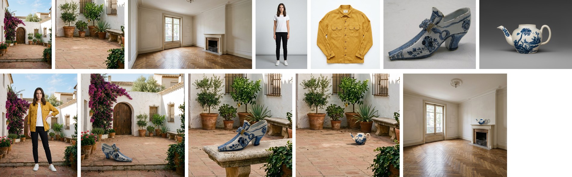 Top: the courtyard, the corner cut from it, the empty room, the model, the ochre jacket, the Delft shoe and the blue and white teapot. Bottom: the model in the jacket photographed in the courtyard, in its light; the shoe on the courtyard’s tiles near the camera; the shoe on a stone bench in the corner; the teapot on the corner’s tiles, smaller than the pots; the teapot on the mantelpiece of the whole room, tiny.