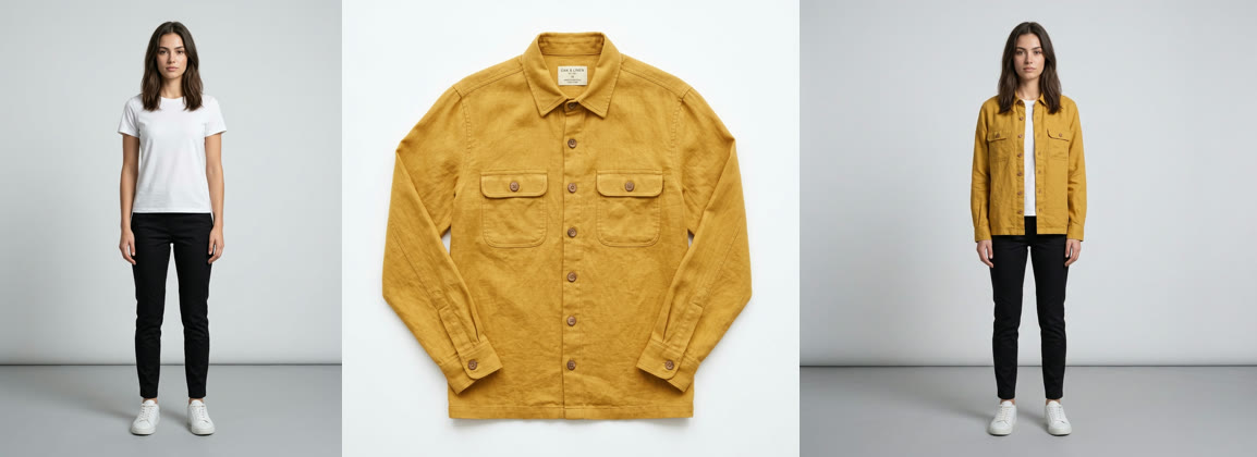 Left to right: the model in a white t-shirt and black trousers; the mustard linen overshirt laid flat, with wooden buttons and two chest pockets; the model wearing it open over the t-shirt, the same face, pose and trousers.