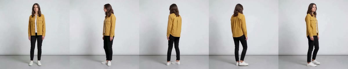 Five frames of the clip, one per second: the model faces the camera, turns to her left, shows her back — the jacket’s back and hem — and turns back to face the camera.