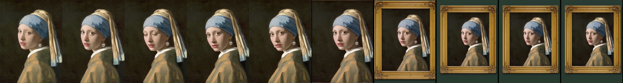 Ten frames of the whole clip, one per second: six close on the painting alive, then the camera pulls back and the painting appears in its gilded frame on a dark green wall, smaller and smaller.
