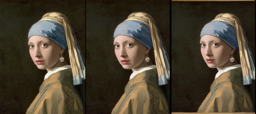 The joint, frame by frame: the original at 4.95 seconds, the continuation at 5.05 seconds, the same picture, and the continuation at 5.6 seconds, the camera pulling back and the gilded frame appearing at the edges.