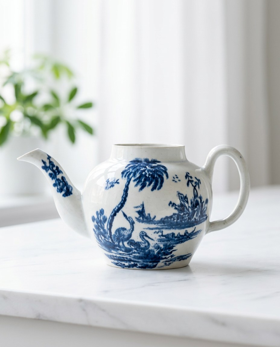 The starter app’s reference run: a blue and white porcelain teapot photographed on a white marble counter by a bright window, with a green plant softly out of focus.