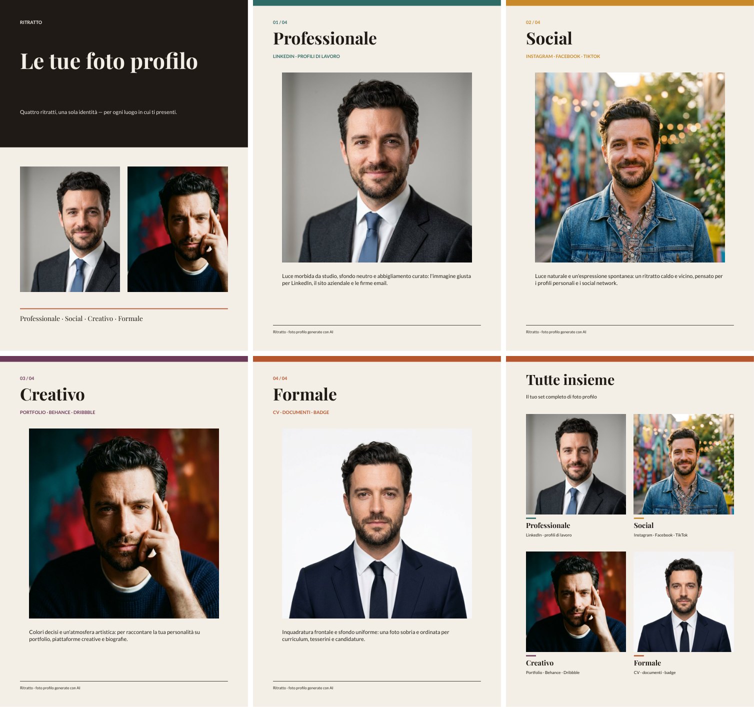 The six A4 pages of the book: a dark cover titled “Le tue foto profilo” with two of the portraits; one page per portrait — Professionale, Social, Creativo, Formale — each with its number, where to use it, the photo and a short description; and a final page, “Tutte insieme”, with the four photos in a grid.