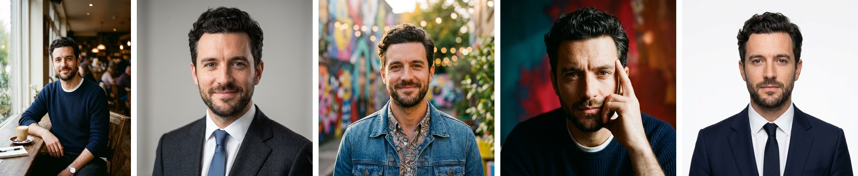 Five pictures: the source photo of a bearded man in a navy sweater in a café; the same man as a corporate headshot in a suit and tie on grey; in a denim jacket in front of a colourful mural; in a dramatic portrait with a hand at his temple on red and blue; and in a formal portrait on white. The face, the beard and the hair are the same in all four.