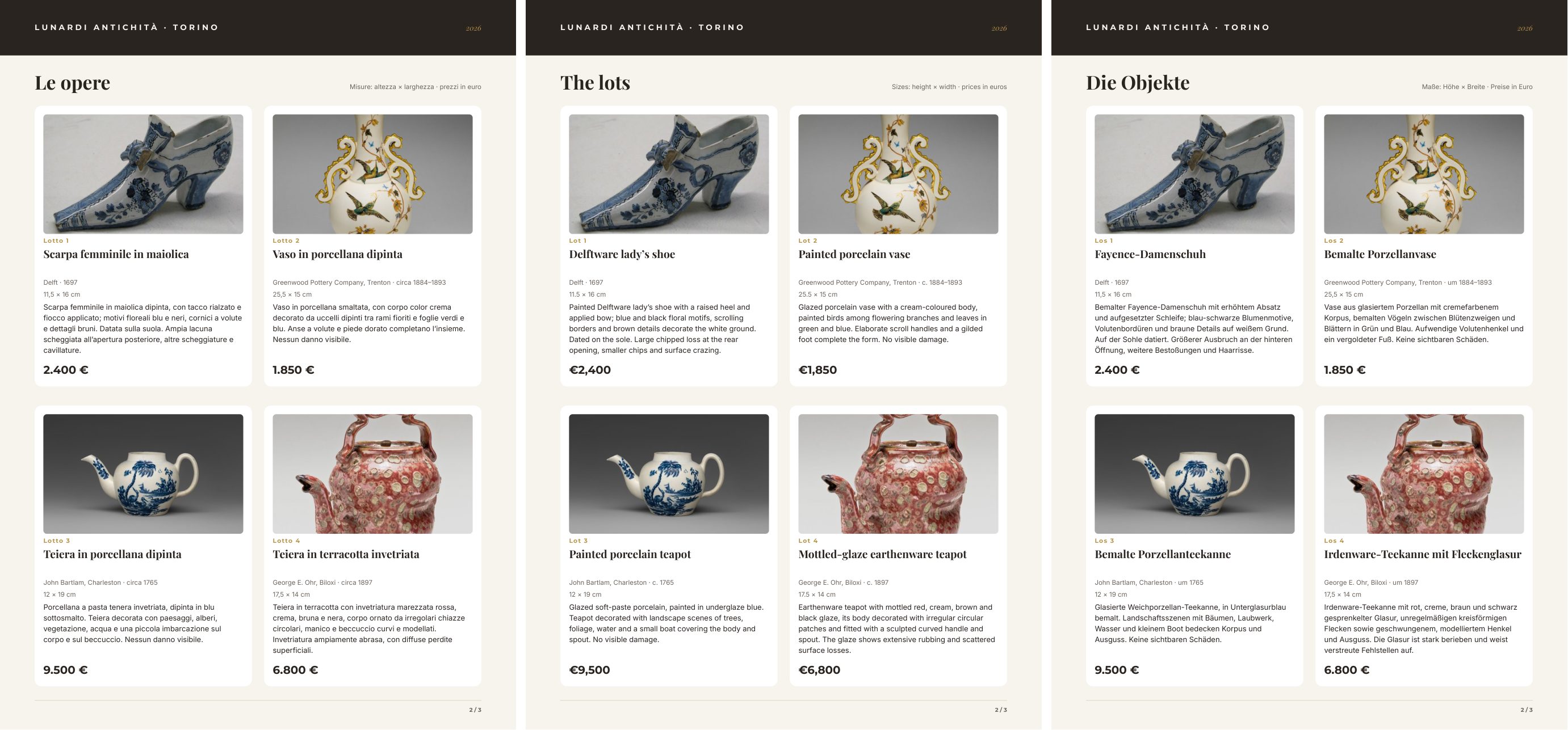 The second page of the catalogue in Italian, English and German side by side. Lot 3 reads Teiera in porcellana dipinta, John Bartlam, Charleston · circa 1765, 12 × 19 cm, 9.500 € in Italian; Painted porcelain teapot, c. 1765, €9,500 in English; Bemalte Porzellanteekanne, um 1765, 9.500 € in German. Lot 1 reads 11,5 × 16 cm in Italian and German and 11.5 × 16 cm in English.