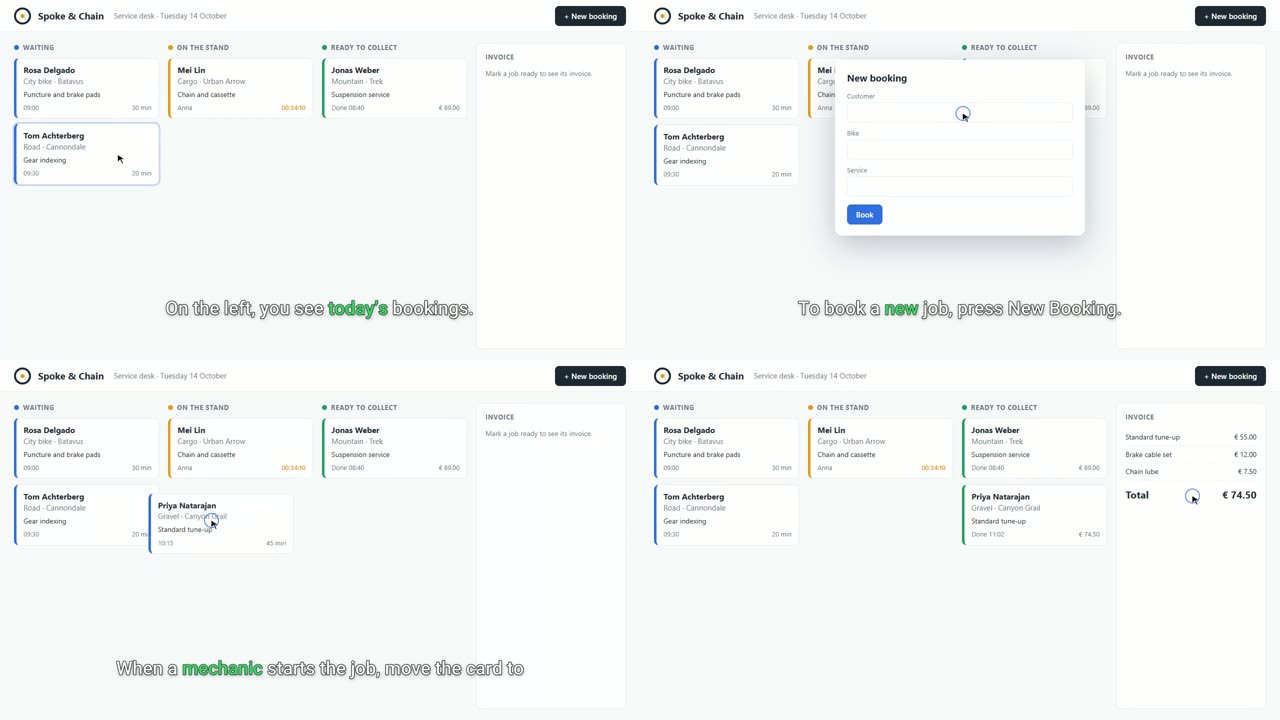 Four moments of the finished video, with the booking board and the subtitles: “On the left, you see today’s bookings” with “today’s” in green; “To book a new job, press New Booking” with “new” in green and the new-booking form open; “When a mechanic starts the job, move the card to” with “mechanic” in green and the new card moving to the stand; the invoice, with a total of € 74.50.