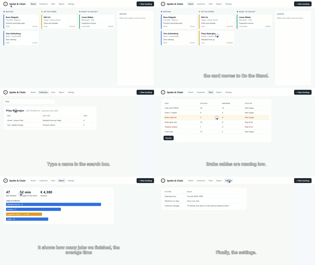 Six moments of the finished video, with block subtitles: the booking board; a new card on the stand, “the card moves to On the Stand”; the customer search, “Type a name in the search box”; the parts stock with the low brake cables, “Brake cables are running low”; the weekly report, “It shows how many jobs we finished, the average time”; the settings, “Finally, the settings.”