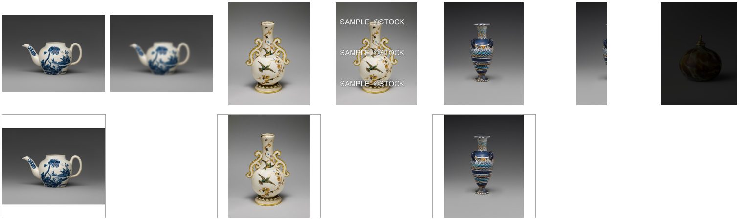 Above, the seven photos sent: the teapot, the teapot blurred, the vase, the vase with a SAMPLE watermark, the amphora, the amphora cut in half by the frame, the perfume bottle almost black. Below, the three that passed — the teapot, the vase and the amphora — each padded to a white square